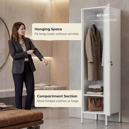 HOMCOM Metal Locker Cabinet with Hanging Rod in White