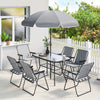 Outsunny 8 Piece Garden Dining Set with Umbrella, Garden Furniture Set with 6 Folding Chairs, Tempered Glass Table for Patio Grey