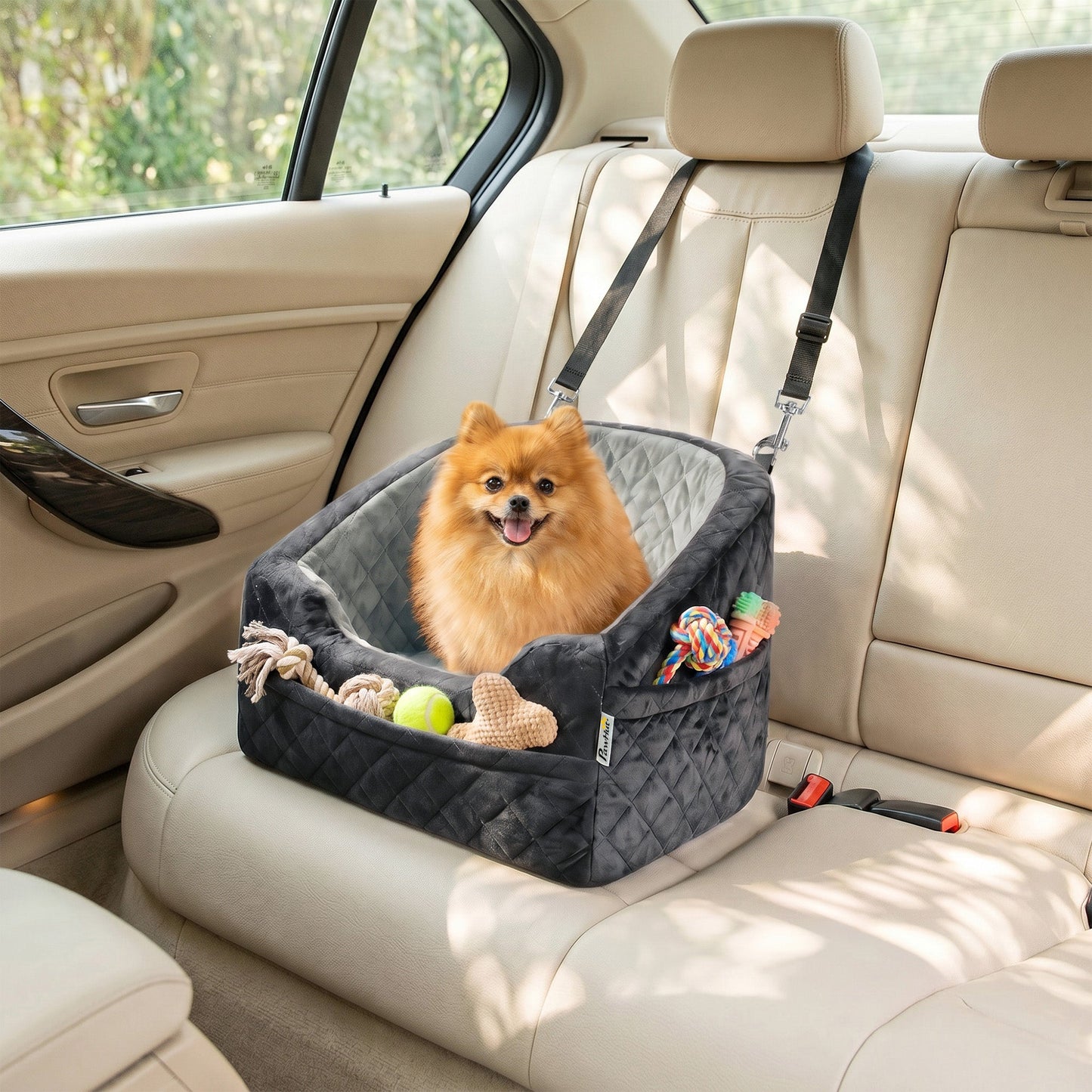 PawHut Dog Car Seat, Detachable Washable Dog Booster Seat with Thick Cushion, Seat Belt, Pockets for Small Under 10kg, Grey