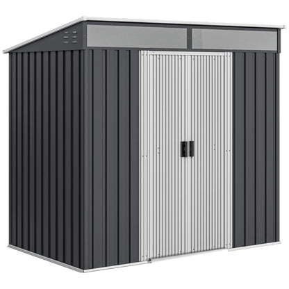 Outsunny 6.5 x 4FT Galvanised Metal Shed with Foundation Kit, Lockable Tool Garden Shed with Double Sliding Doors, Vents, Grey