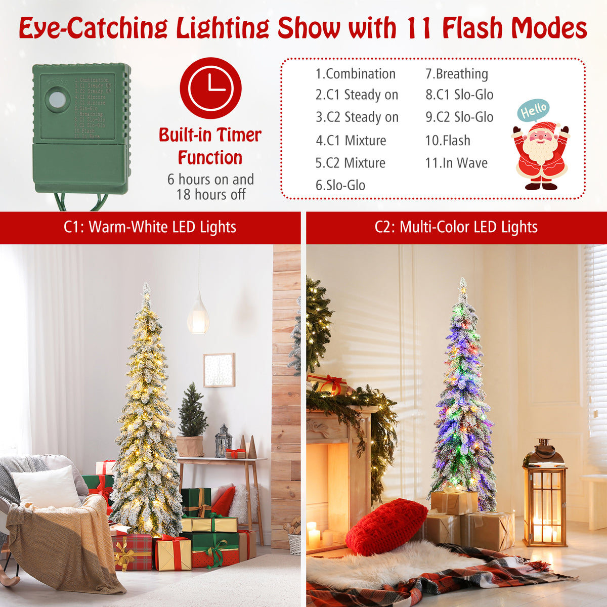 Snow-Flocked Slim Pencil Christmas Tree with 11 Lighting Modes-5FT