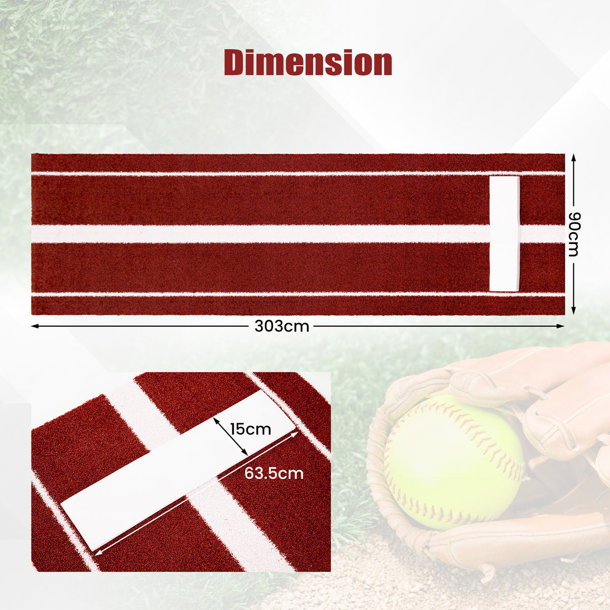 Dimension diagram showing the size of the softball pitching mat