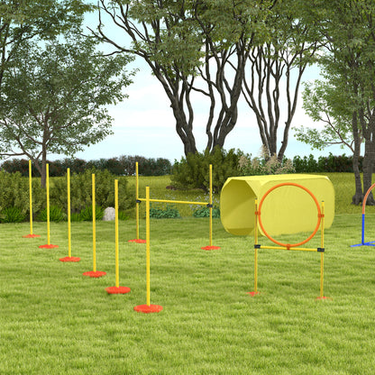 مجموعة حواجز تدريب الكلاب المحمولة من Pawhut Dog Agility Equipment مكونة من 5 قطع مع عمود قفز عالي قابل للتعديل وحلقة قفز وأعمدة منسوجة ونفق