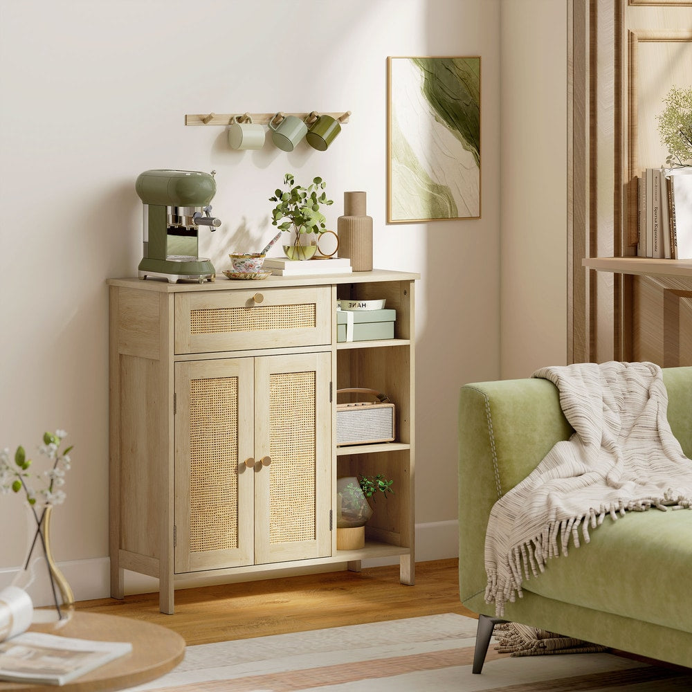 HOMCOM Rattan Sideboard Cabinet with Drawer 2 Doors Adjustable Shelves Kitchen Storage 75 x 30 x 79.5 cm Natural Wood Effect