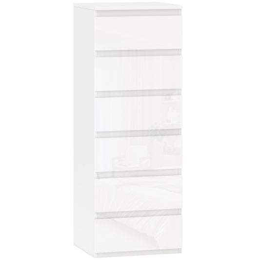 HOMCOM Chest of Drawers High Gloss Finish 6 Drawer Dresser Space Saving Slim Design Handle Free Drawers High-Gloss White