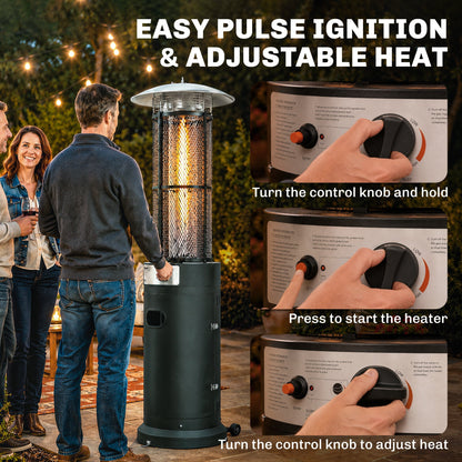 Outsunny 11 KW Freestanding Gas Patio Heater, Adjustable Outdoor Garden Propane Heater with Tip-Over Switch, Wheels, Pulse Ignition, Tank Room with Openable Door, Black