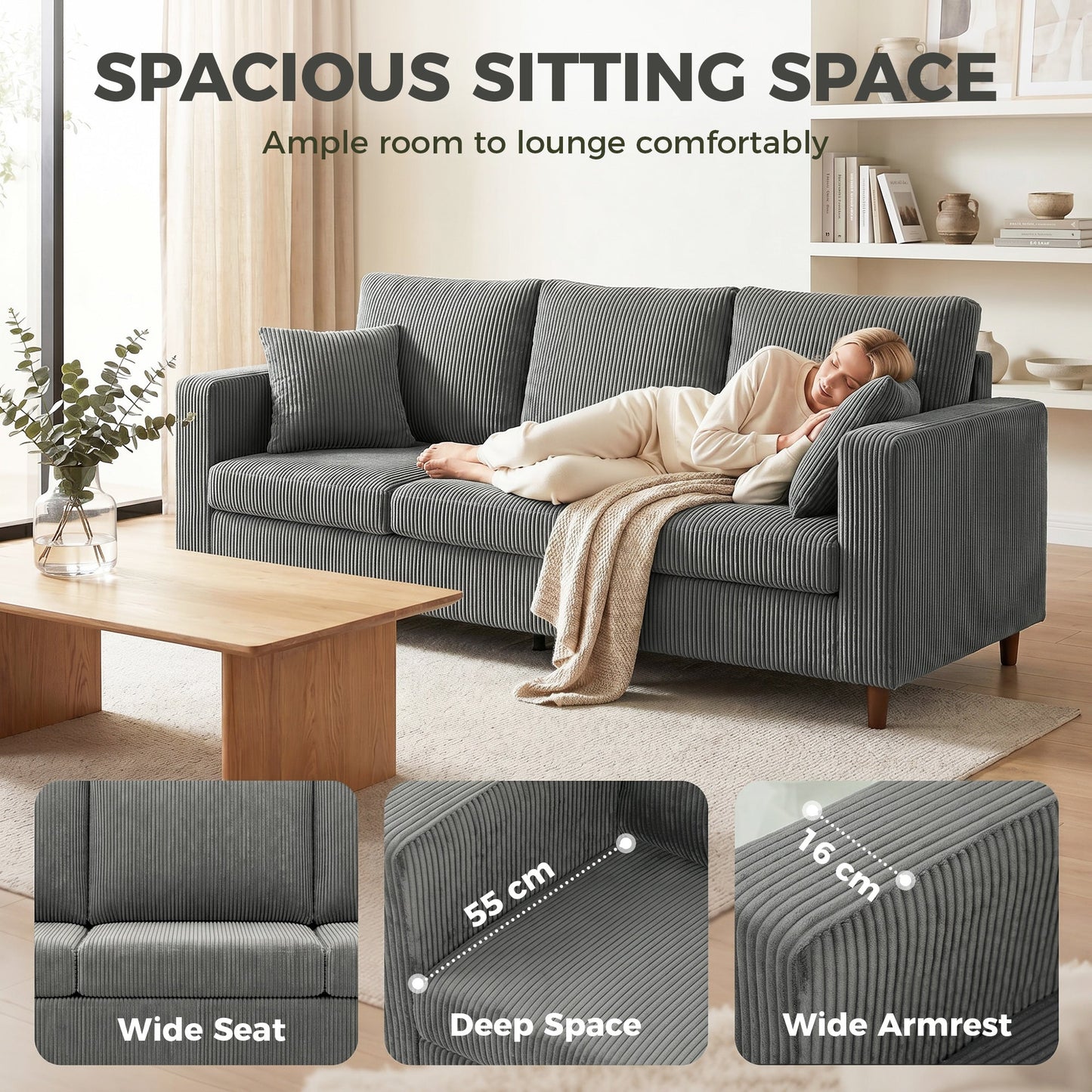 HOMCOM 3 Seater Sofa with Wide Seat, Corduroy Fabric Couch with Deep Seat, Spring Cushion, Light Grey