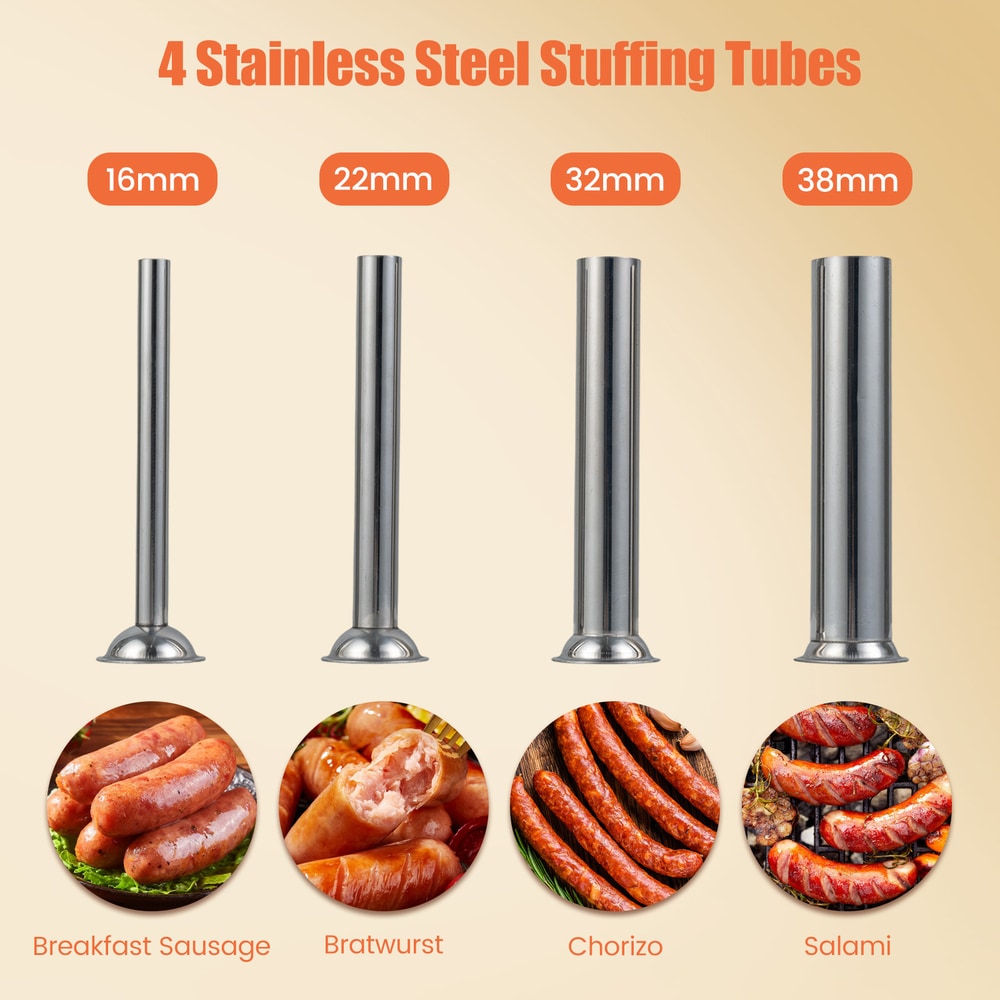 Four stainless steel stuffing tubes with examples of sausages