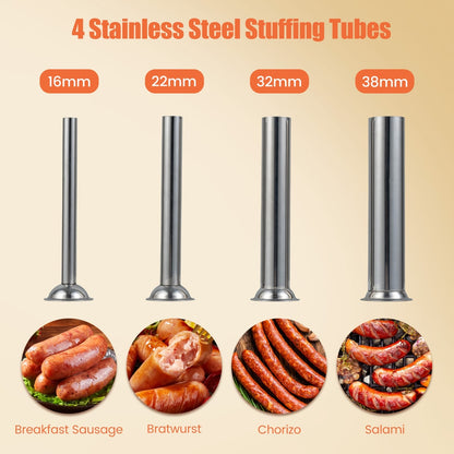 Four stainless steel stuffing tubes with examples of sausages