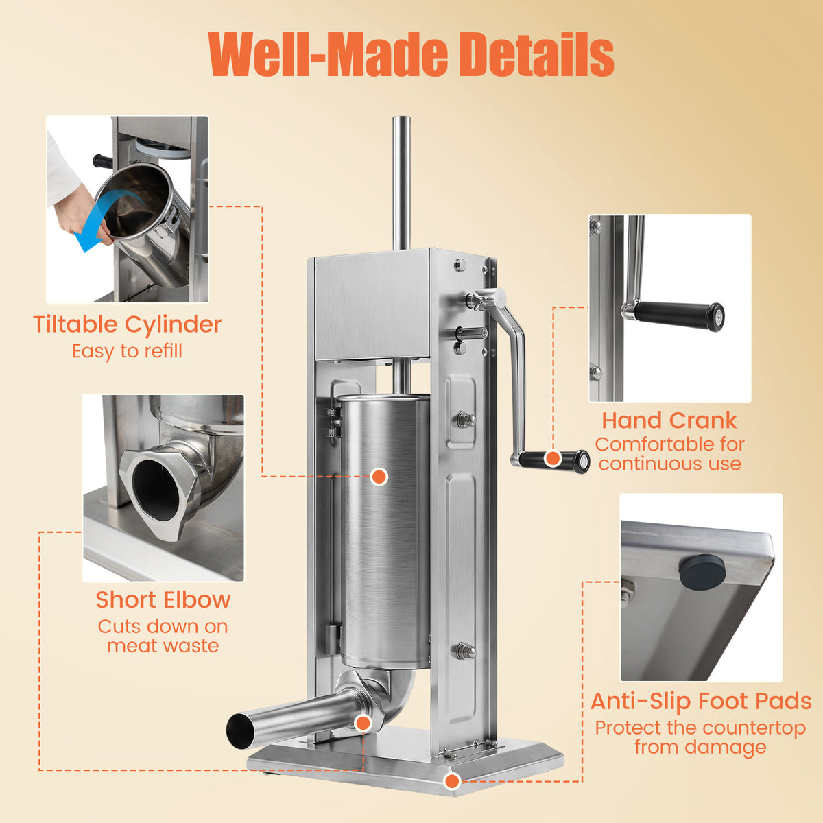 Close up of the meat filling machine with feature callouts