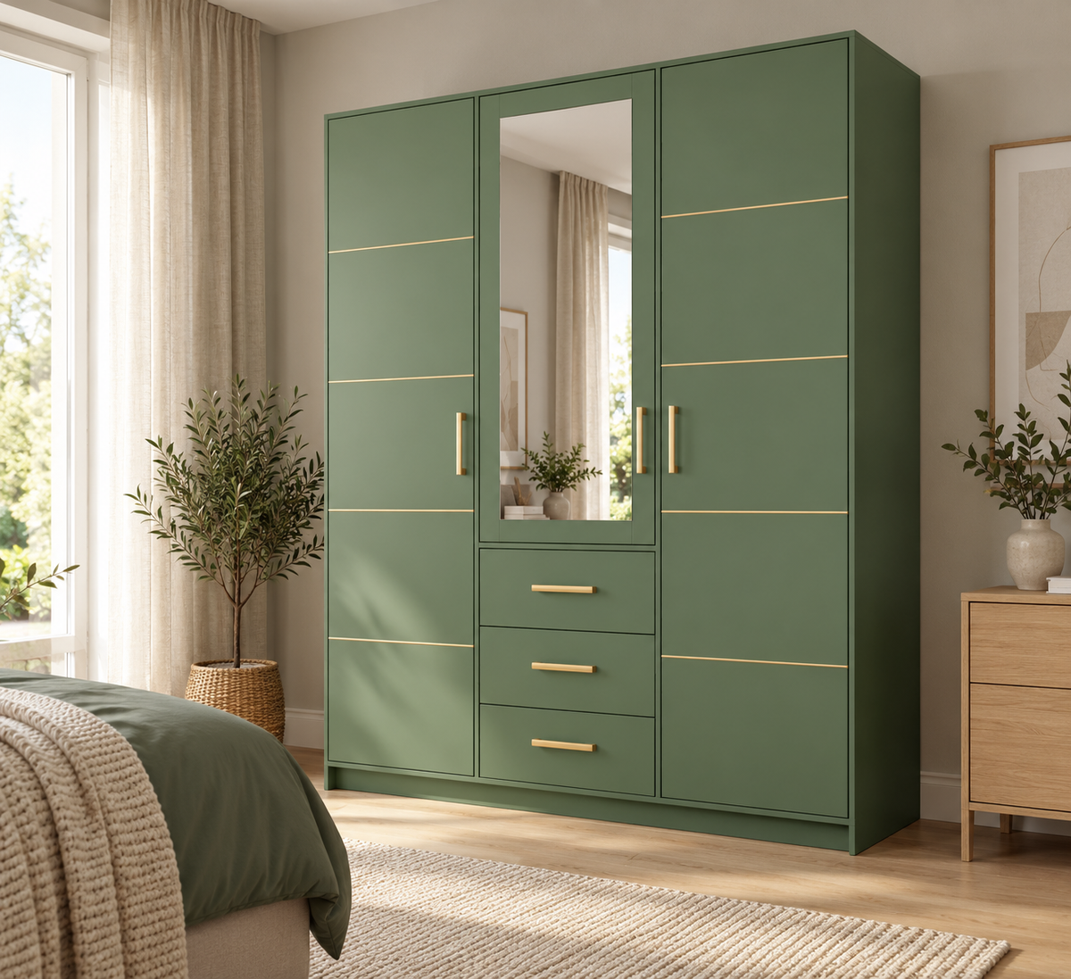 Bali II D3 Hinged Mirrored Door Wardrobe 147cm in Bottle Green