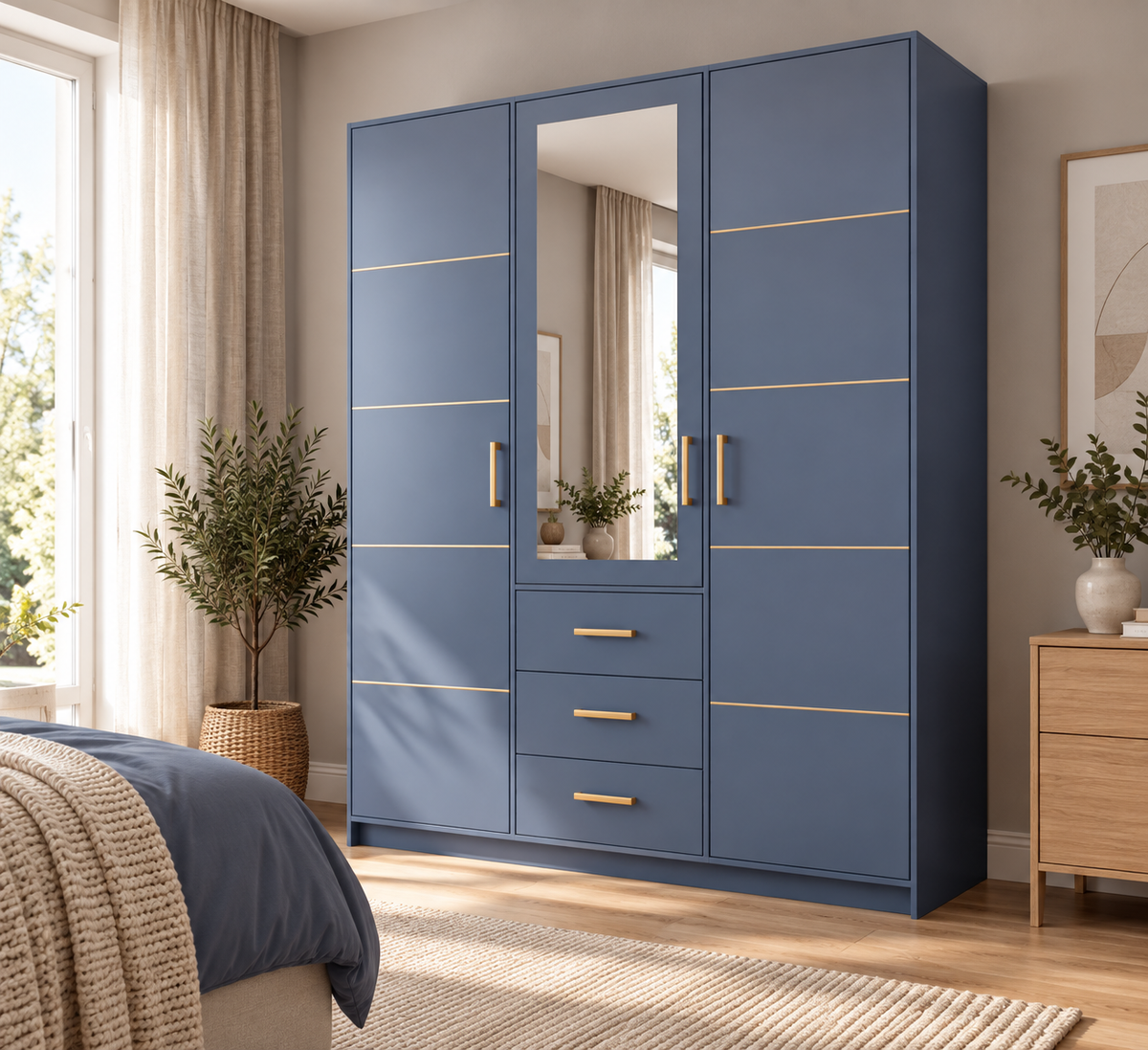 Bali II D3 Hinged Mirrored Door Wardrobe 147cm in Dull Blue