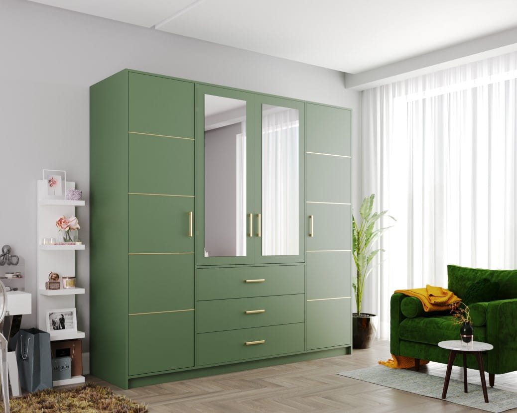 Bali II D4 Hinged Mirrored Door Wardrobe 196cm in Bottle Green