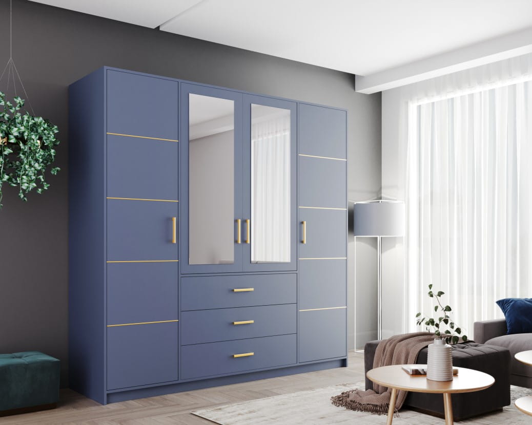 Bali II D4 Hinged Mirrored Door Wardrobe 196cm in Dull Blue