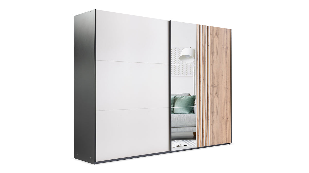 Evora Mirrored Sliding Door Wardrobe 250cm in Black Matt and Cashmere and Oak Wotan