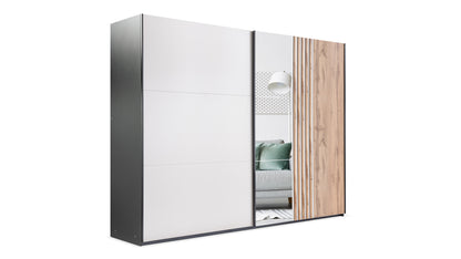 Evora Mirrored Sliding Door Wardrobe 250cm in Black Matt and Cashmere and Oak Wotan