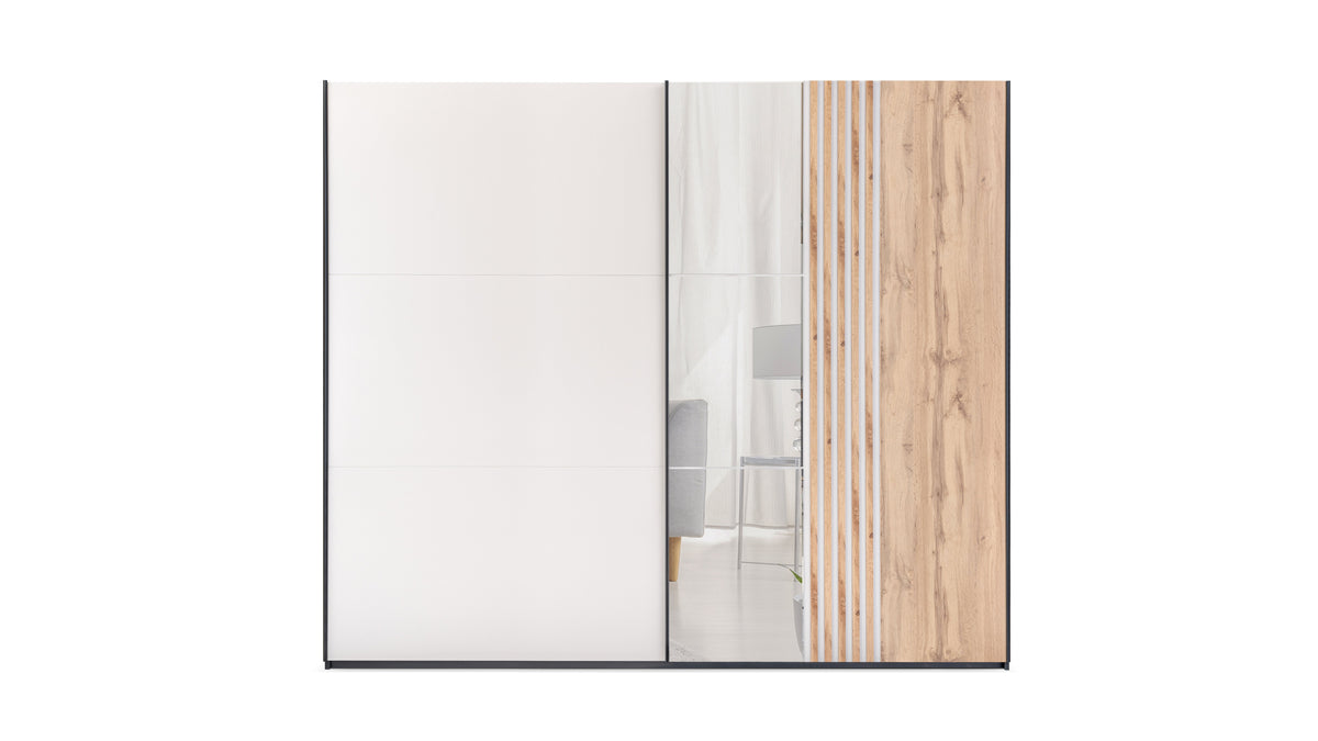Evora Mirrored Sliding Door Wardrobe 250cm in Black Matt and Cashmere and Oak Wotan