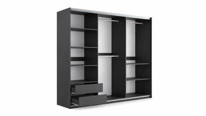 Evora Mirrored Sliding Door Wardrobe 250cm in Black Matt and Cashmere and Oak Wotan