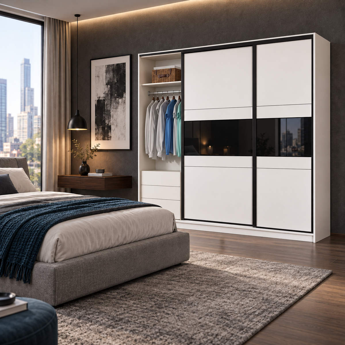 Manhattan Sliding Door Wardrobe 226cm (MANHATTAN-226) in Cashmere and Blac Glass