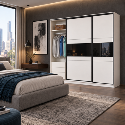 Manhattan Sliding Door Wardrobe 226cm (MANHATTAN-226) in Cashmere and Blac Glass