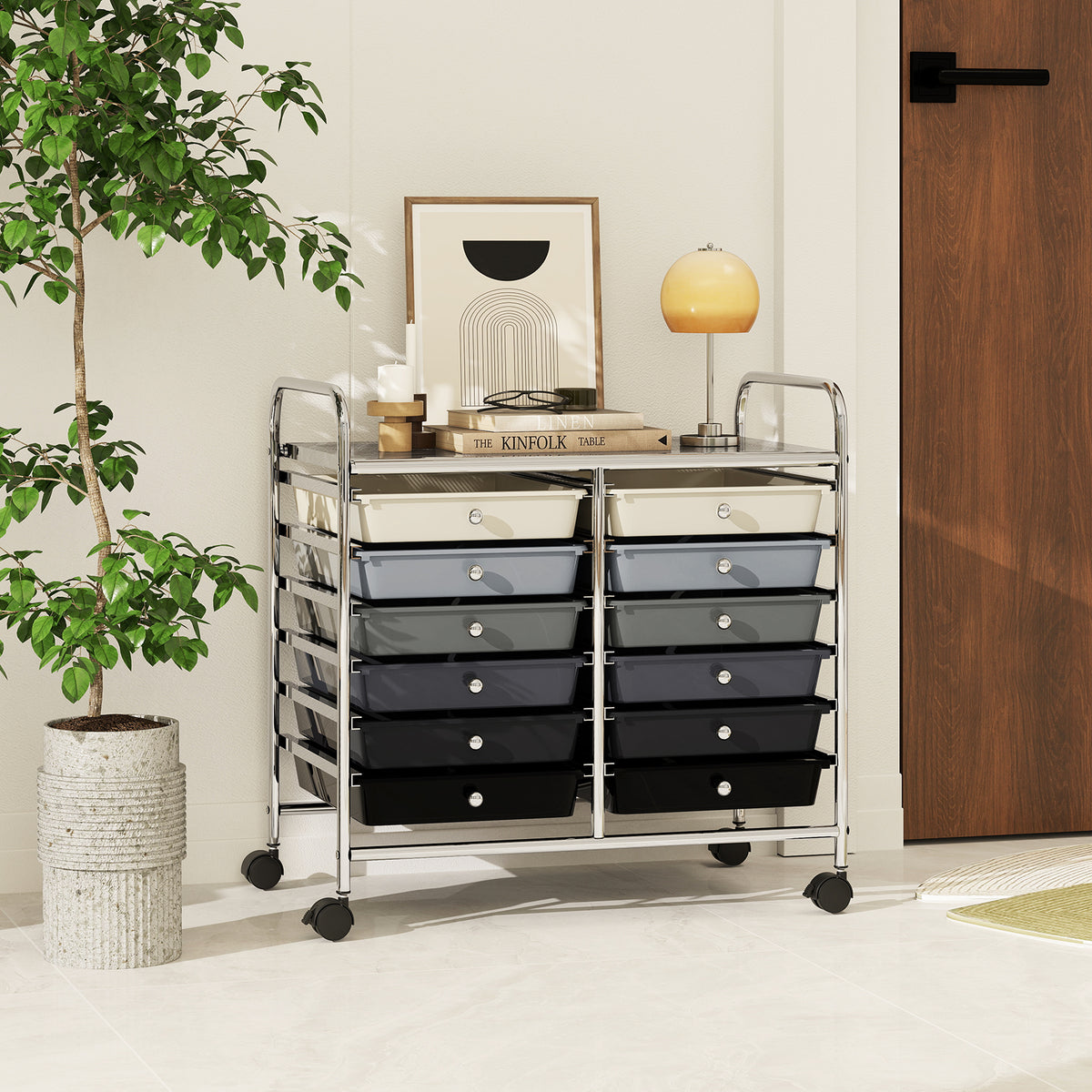 Storage Rolling Cart with Drawer and Large Countertop Side Handles-Gradient Black