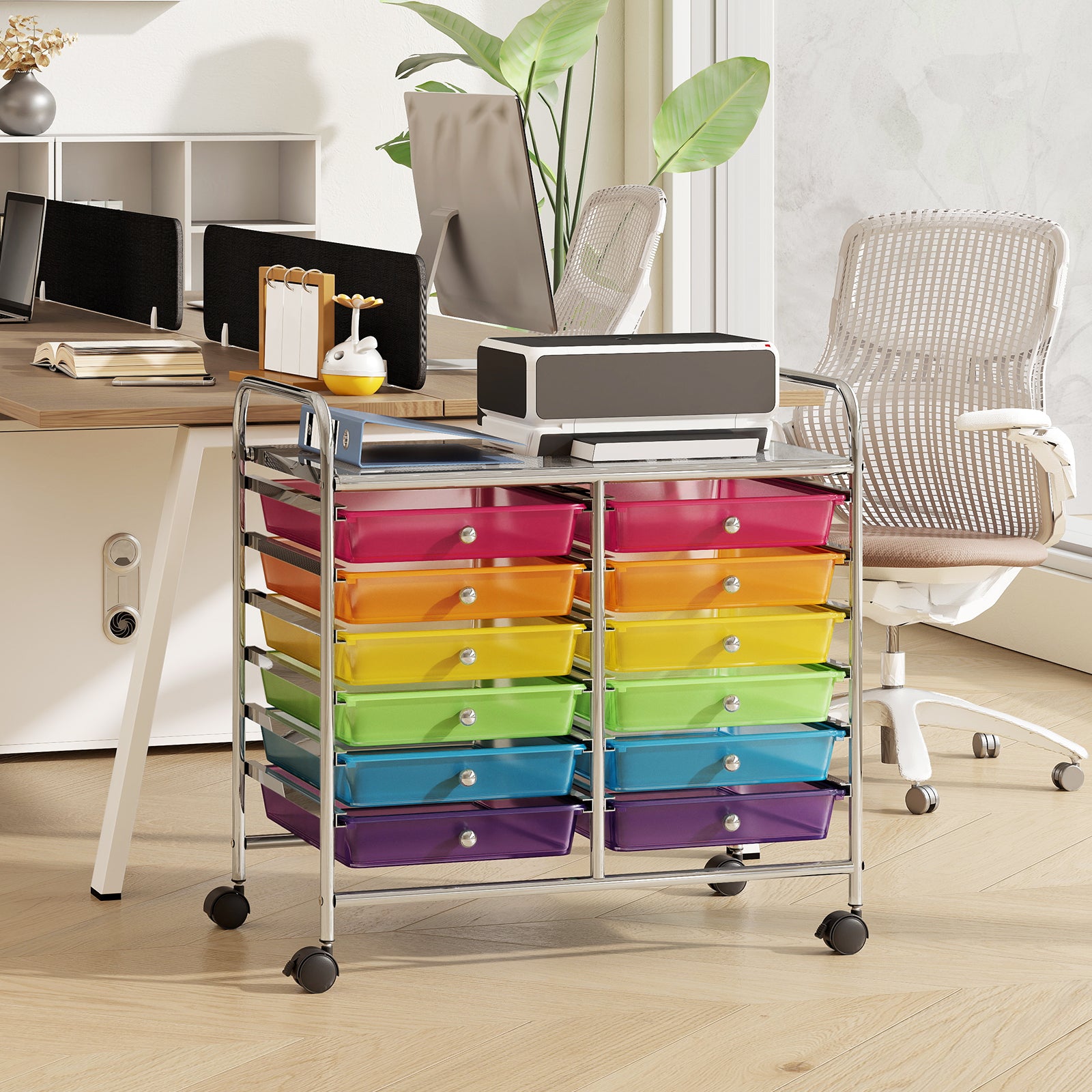 Storage Rolling Cart with Drawer and Large Countertop Side Handles-Colourful