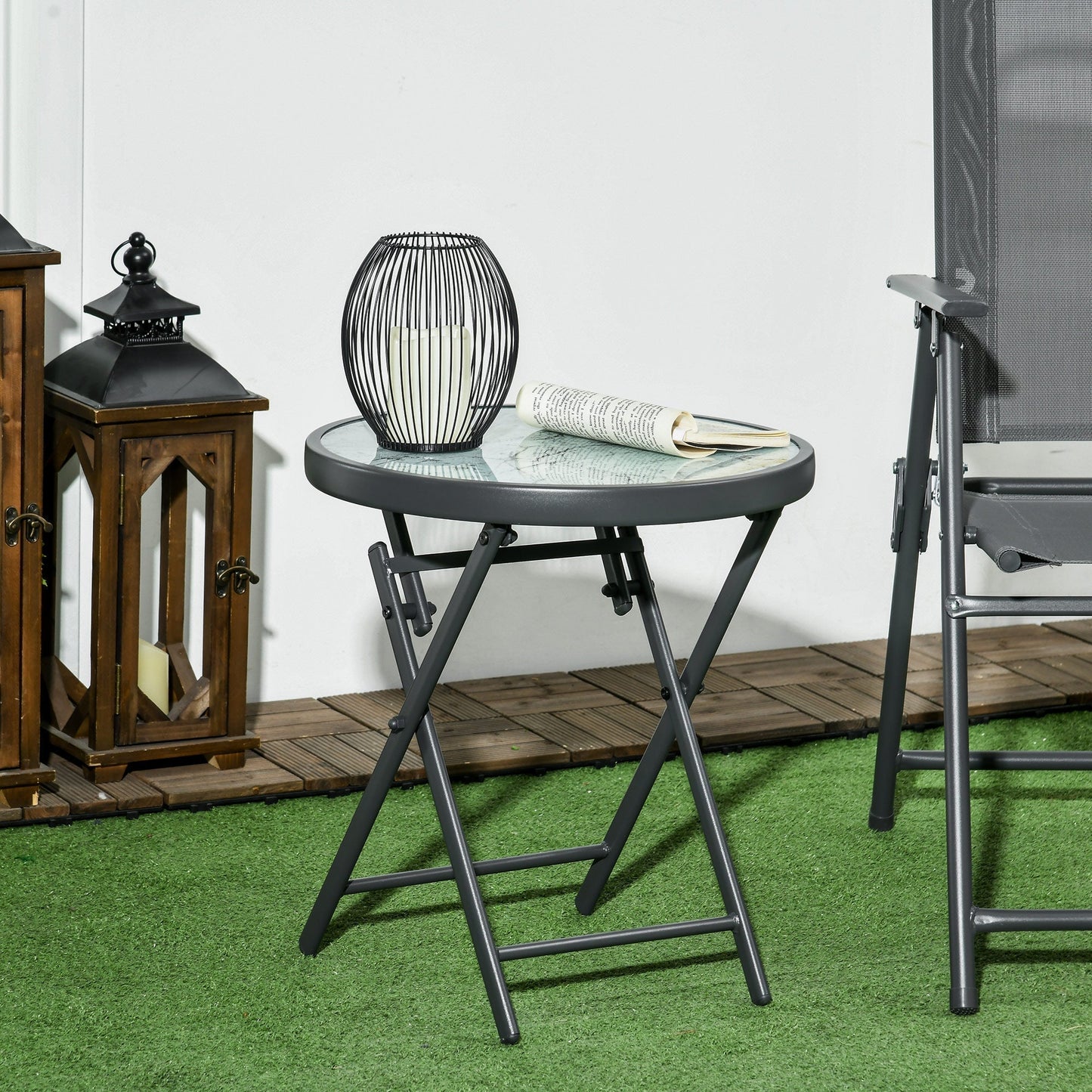 Outsunny a45cm Garden Side Table, Outdoor Round Folding Patio Table with Imitation Marble Glass Top, Small Coffee Table, White