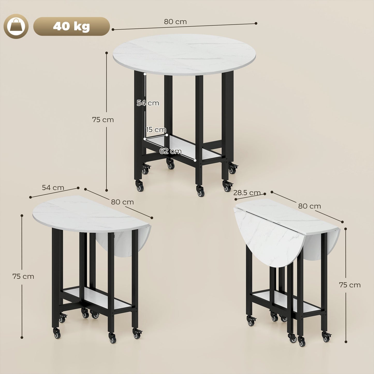 HOMCOM Folding Dining Table, Drop Leaf Table with Open Shelf, Rolling Kitchen Table for Dining Room, Small Spaces, White Marble