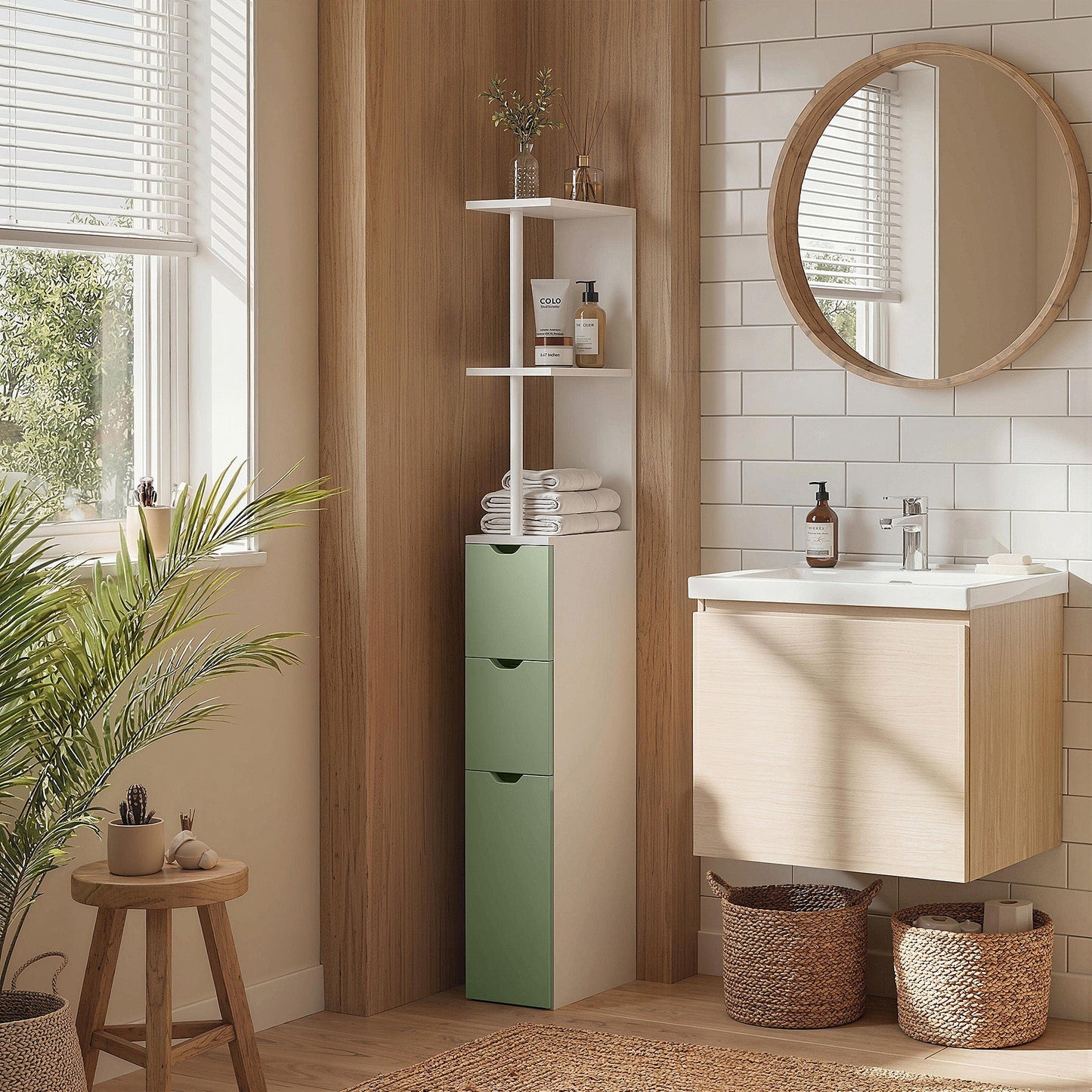 HOMCOM Slim Bathroom Storage Cabinet, Tall Bathroom Floor Cabinet with 2-Tier Shelf and 2 Drawers, White and Light Green