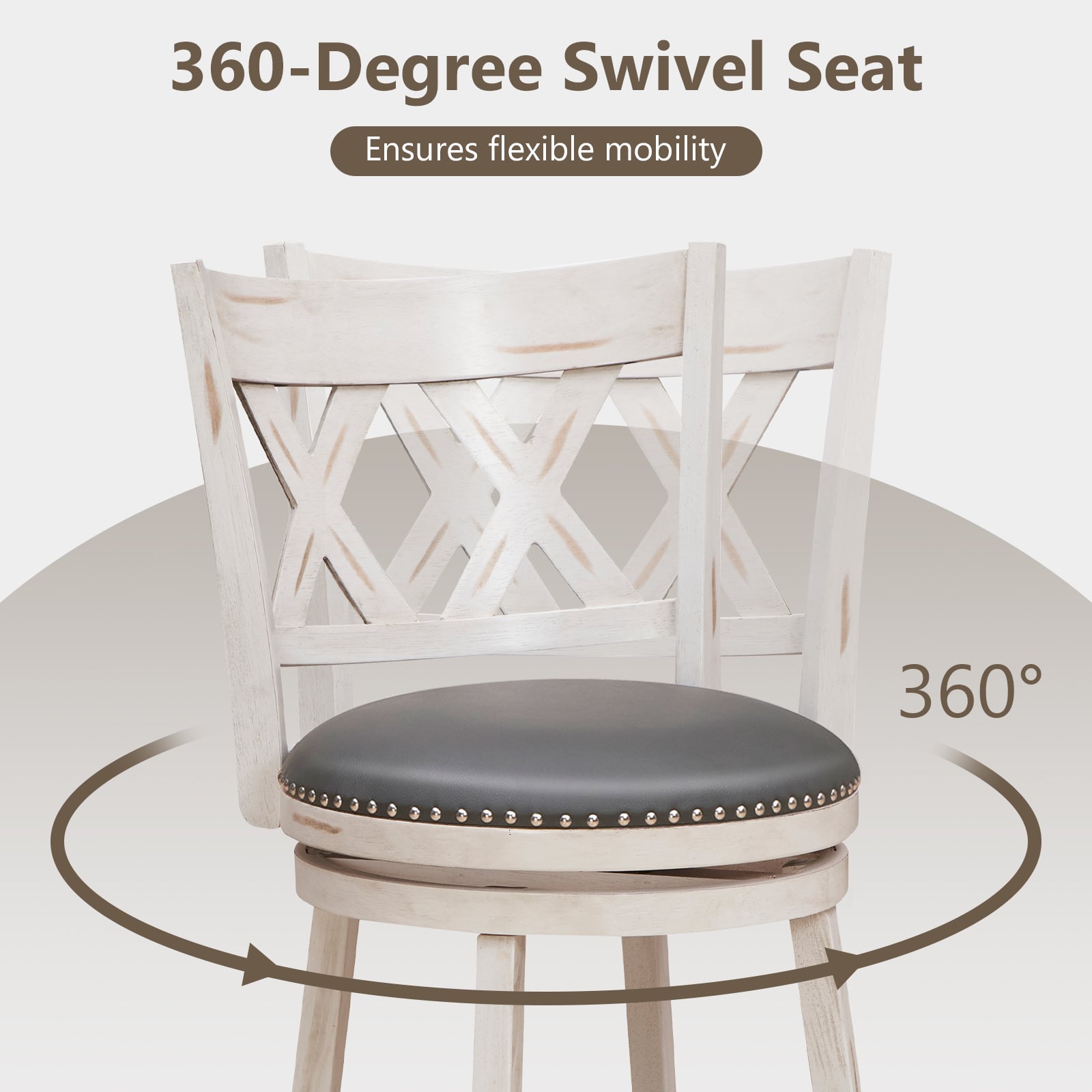 Swivel 64cm Hand-Antiqued Stool Set of 2 with Wider Padded Seat-White-64 cm
