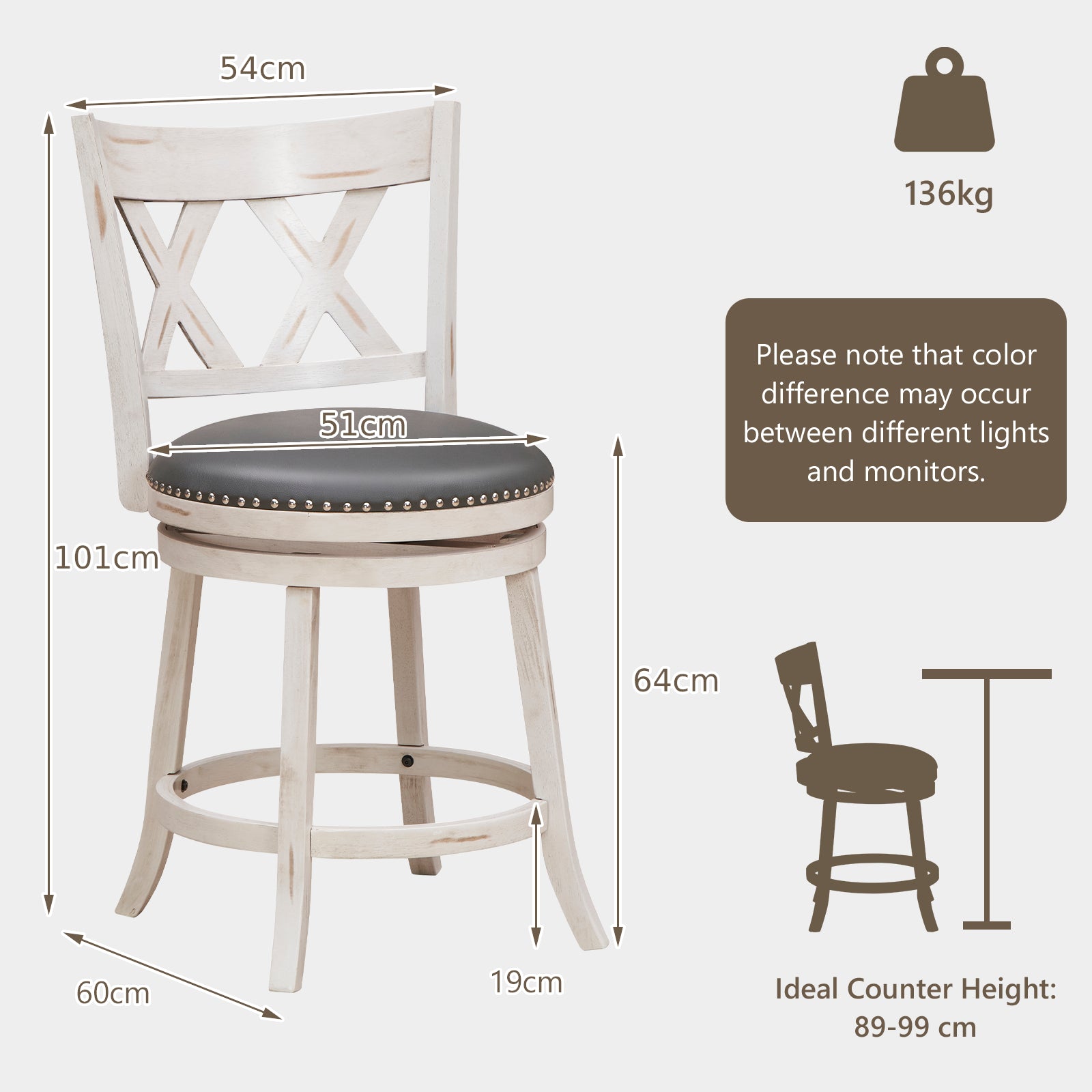 Swivel 64cm Hand-Antiqued Stool Set of 2 with Wider Padded Seat-White-64 cm