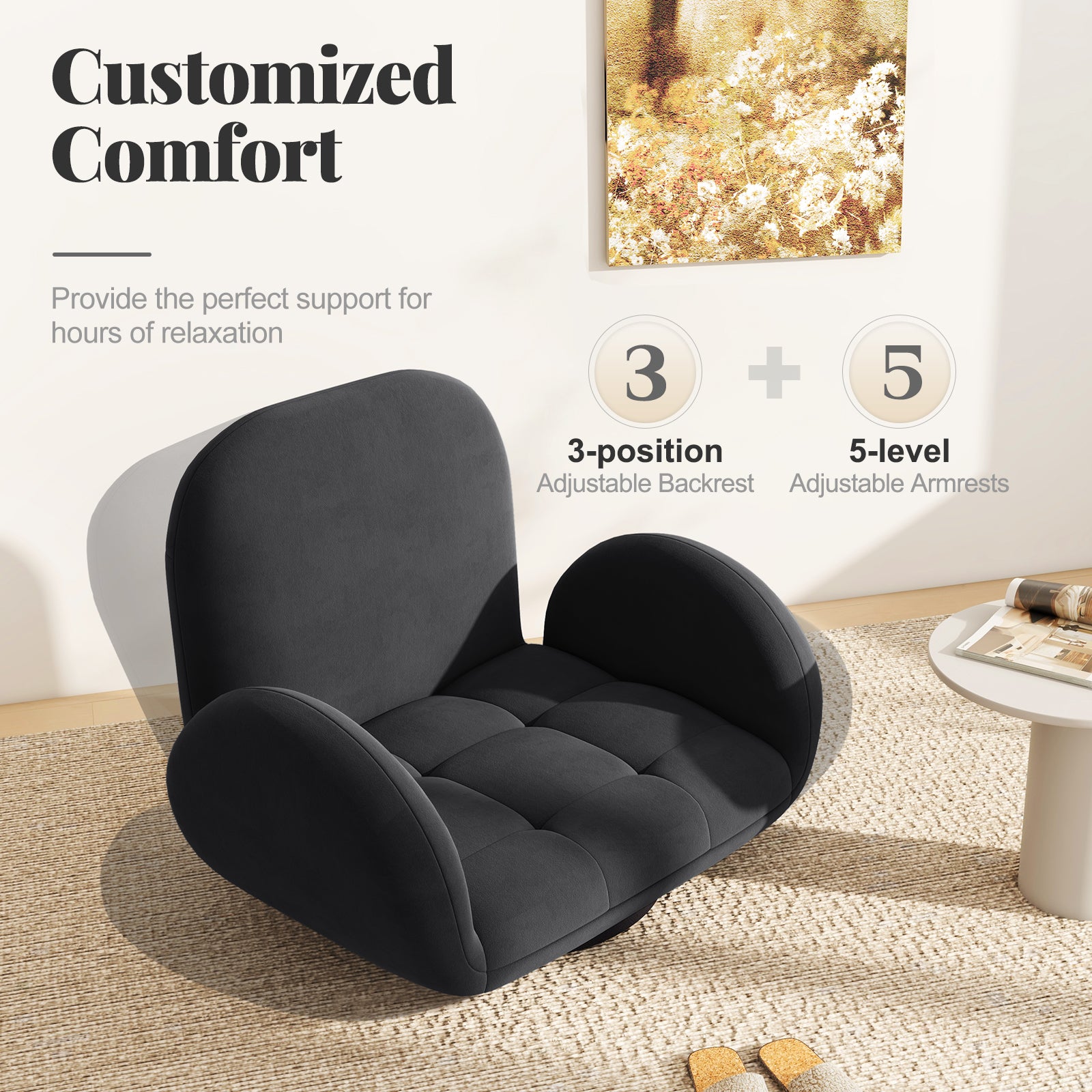 Swivel Floor Chair with Adjustable Backrest and Armrests-Black