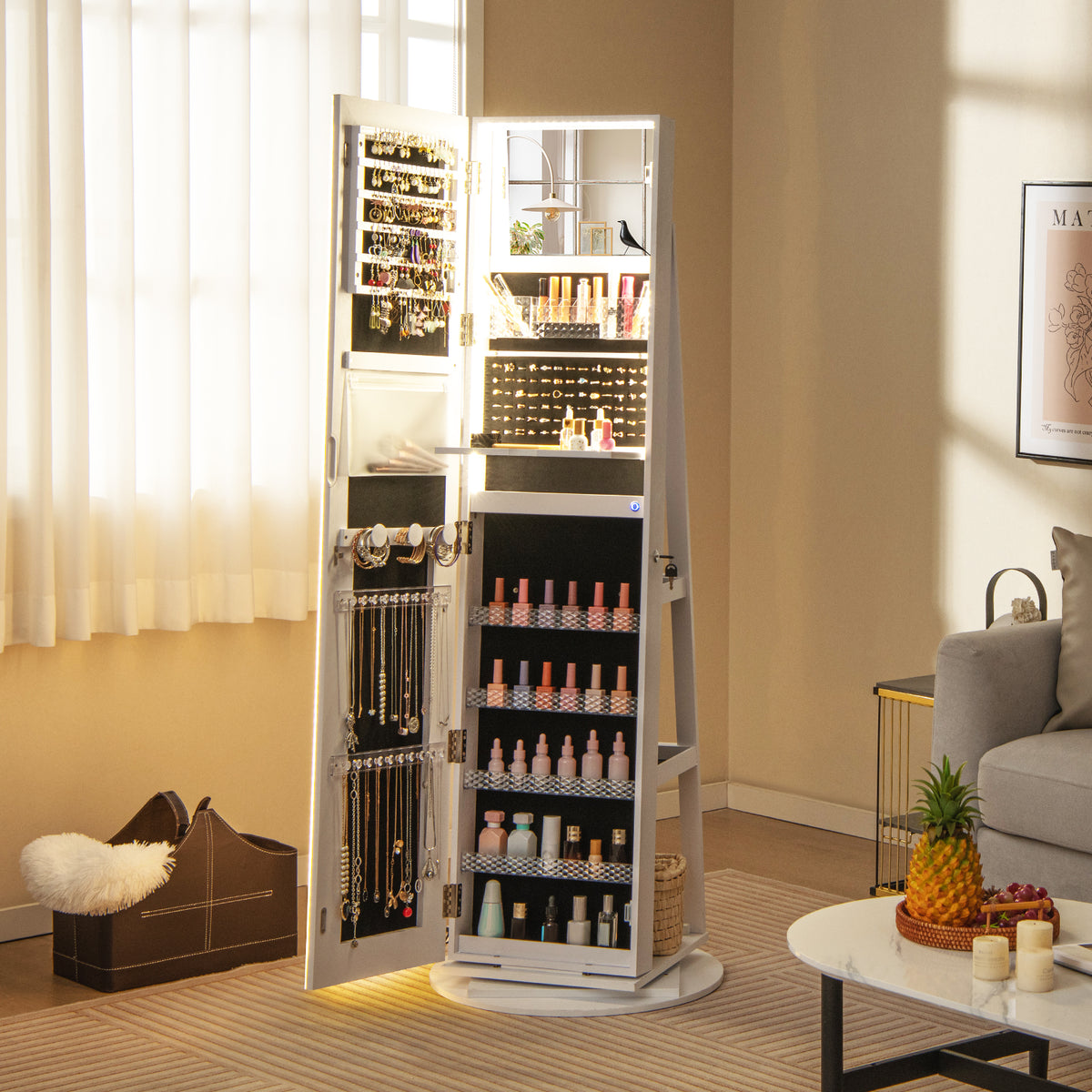 360° Swivel Jewelry Cabinet with LED Lights, Foldable Shelf-White