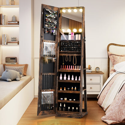 360° Swivel Jewelry Cabinet Freestanding Jewelry Storage Organizer with Lighted Full Length Mirror-Rustic Brown