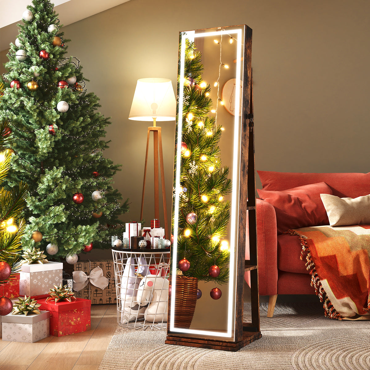 360° Swivel Jewelry Cabinet Freestanding Jewelry Storage Organizer with Lighted Full Length Mirror-Rustic Brown
