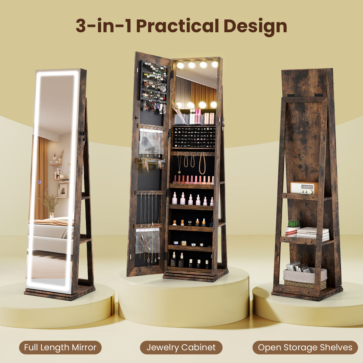 360° Swivel Jewelry Cabinet Freestanding Jewelry Storage Organizer with Lighted Full Length Mirror-Rustic Brown