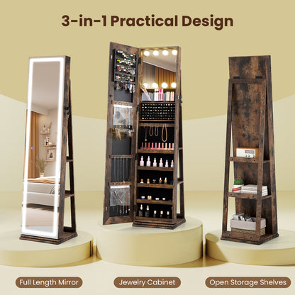 360° Swivel Jewelry Cabinet Freestanding Jewelry Storage Organizer with Lighted Full Length Mirror-Rustic Brown