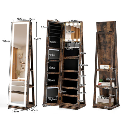 360° Swivel Jewelry Cabinet Freestanding Jewelry Storage Organizer with Lighted Full Length Mirror-Rustic Brown