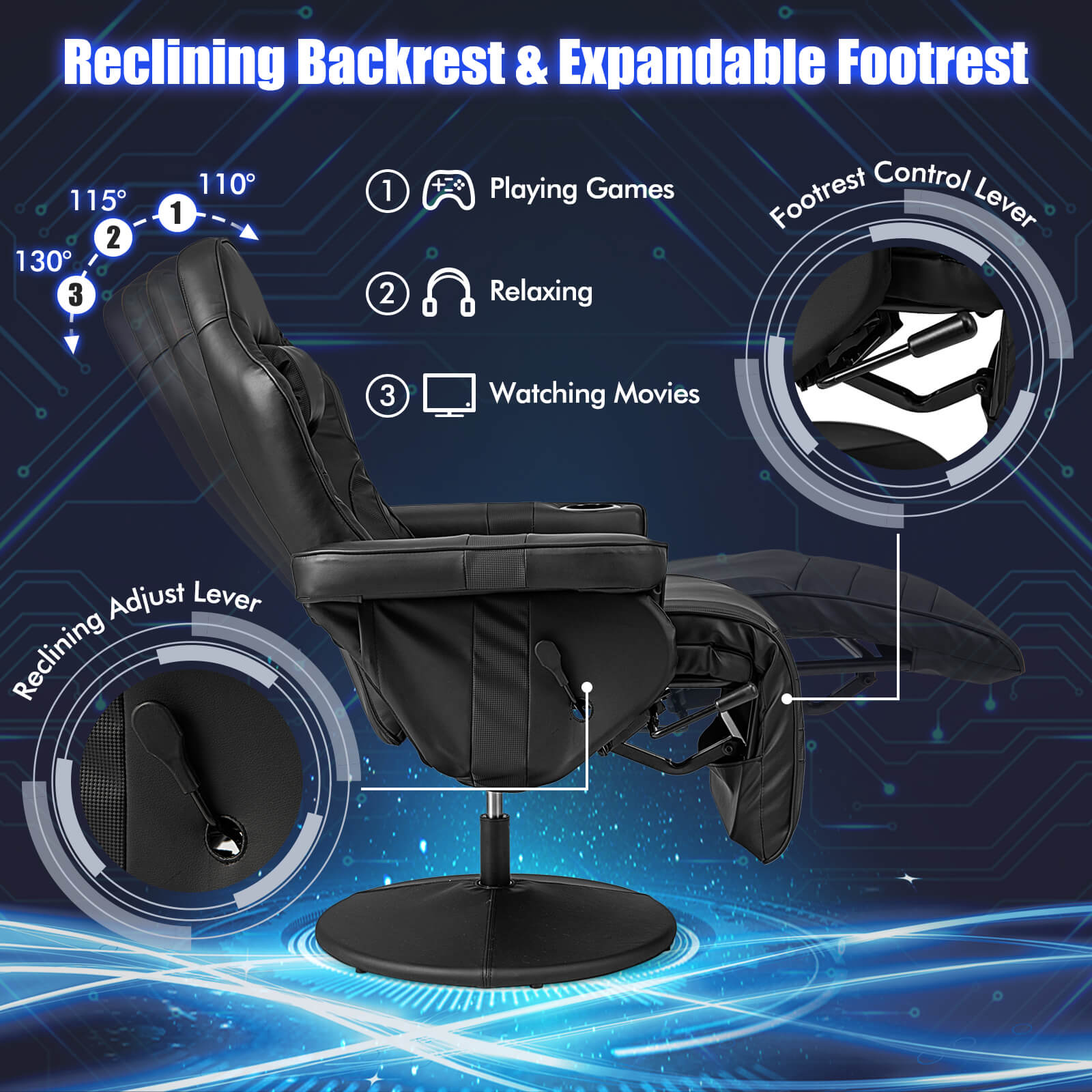 Electric Massage Gaming Chair with Cup Holder and Side Pouch-Black