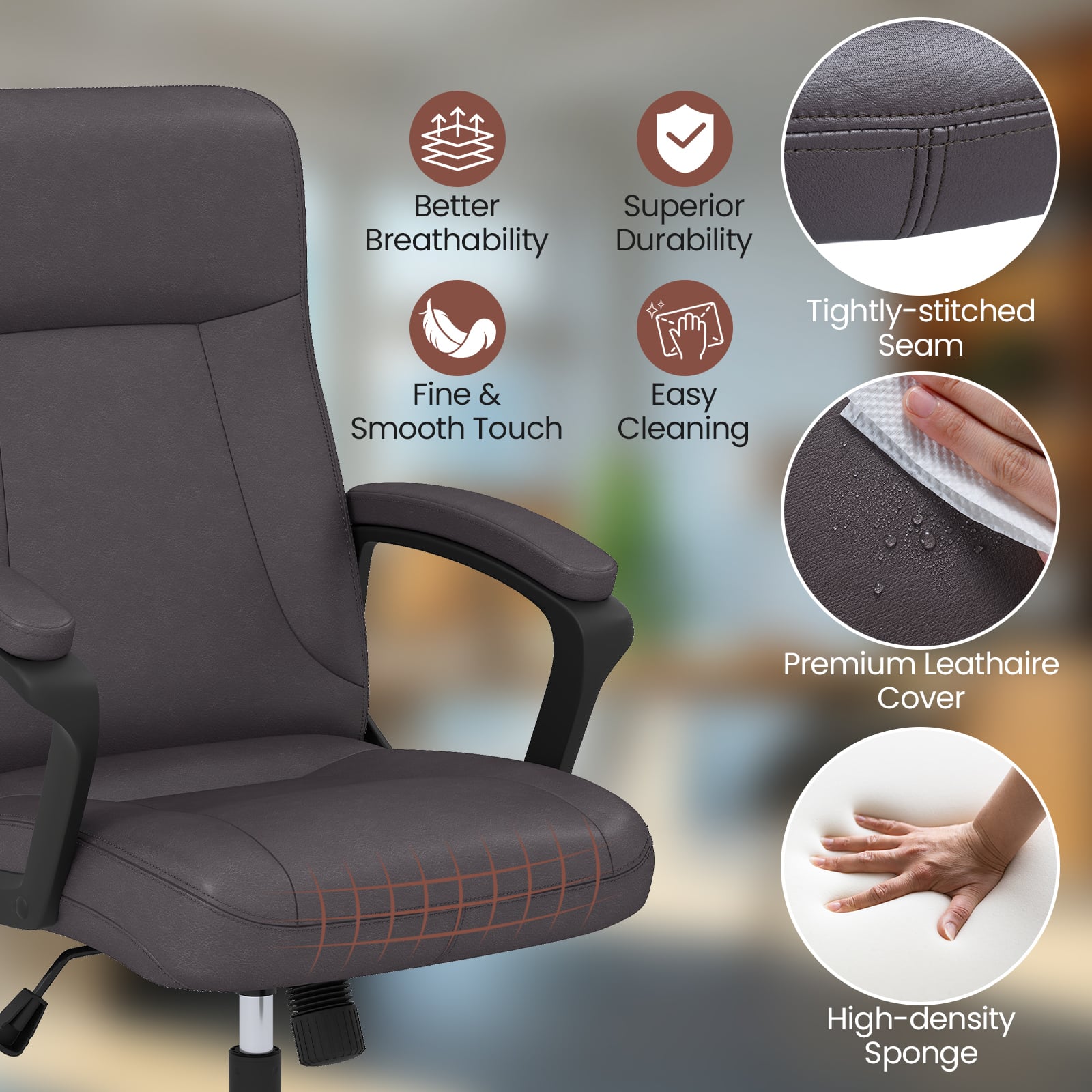 360° Swivel Task Chair with High Back and Built-in Armrests-Brown