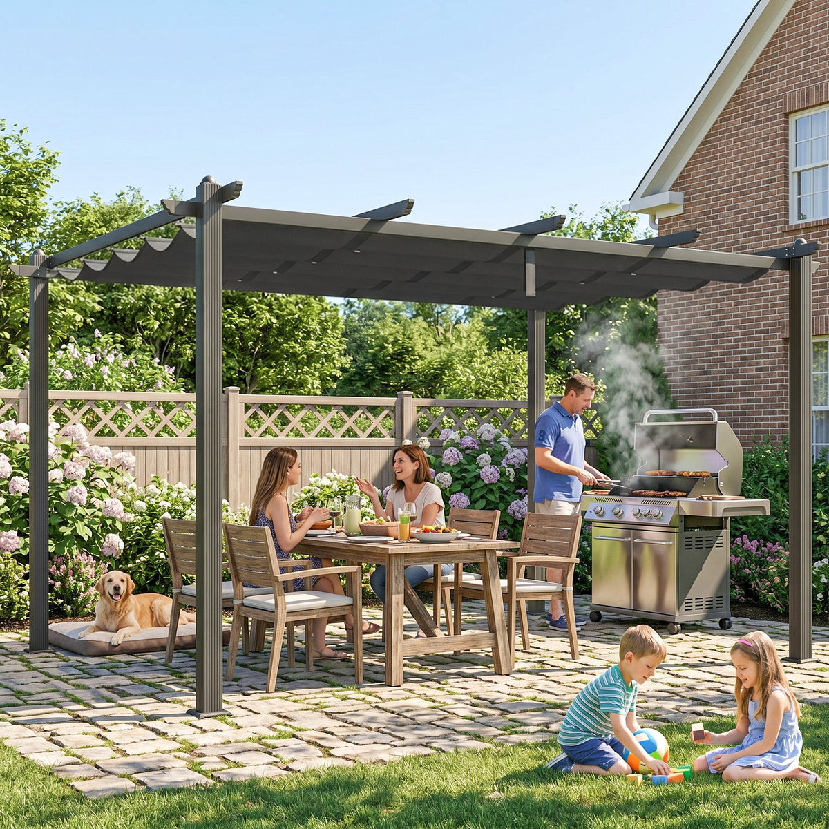 Outsunny 3 x 4m Aluminium Pergola, with Retractable Roof - Dark Grey