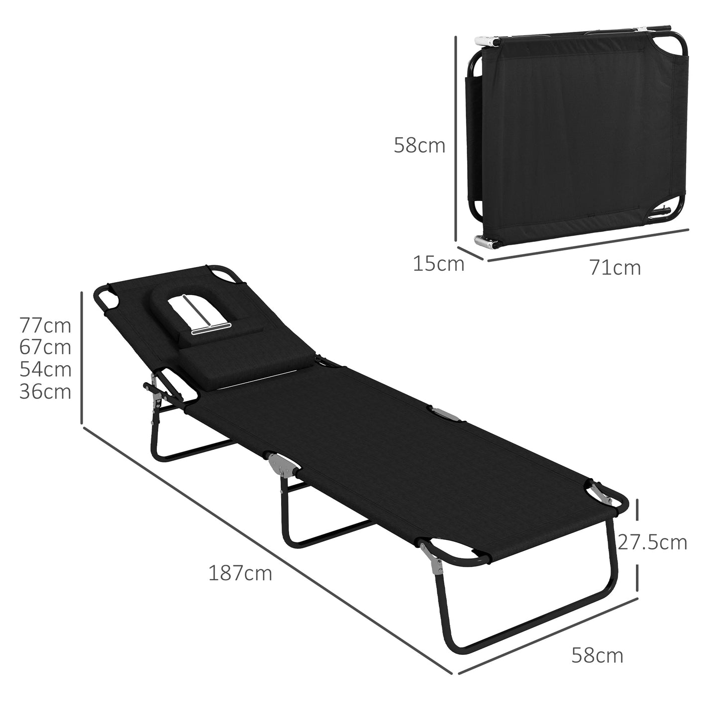Outsunny Outdoor Folding Sun Lounger Set of 2 with Face Hole, 4 Level Adjustable Backrest Reclining Garden Lounger, Garden Recliner Sunbed with 600 D Oxford Cloth Seat and Pillow for Beach, Black