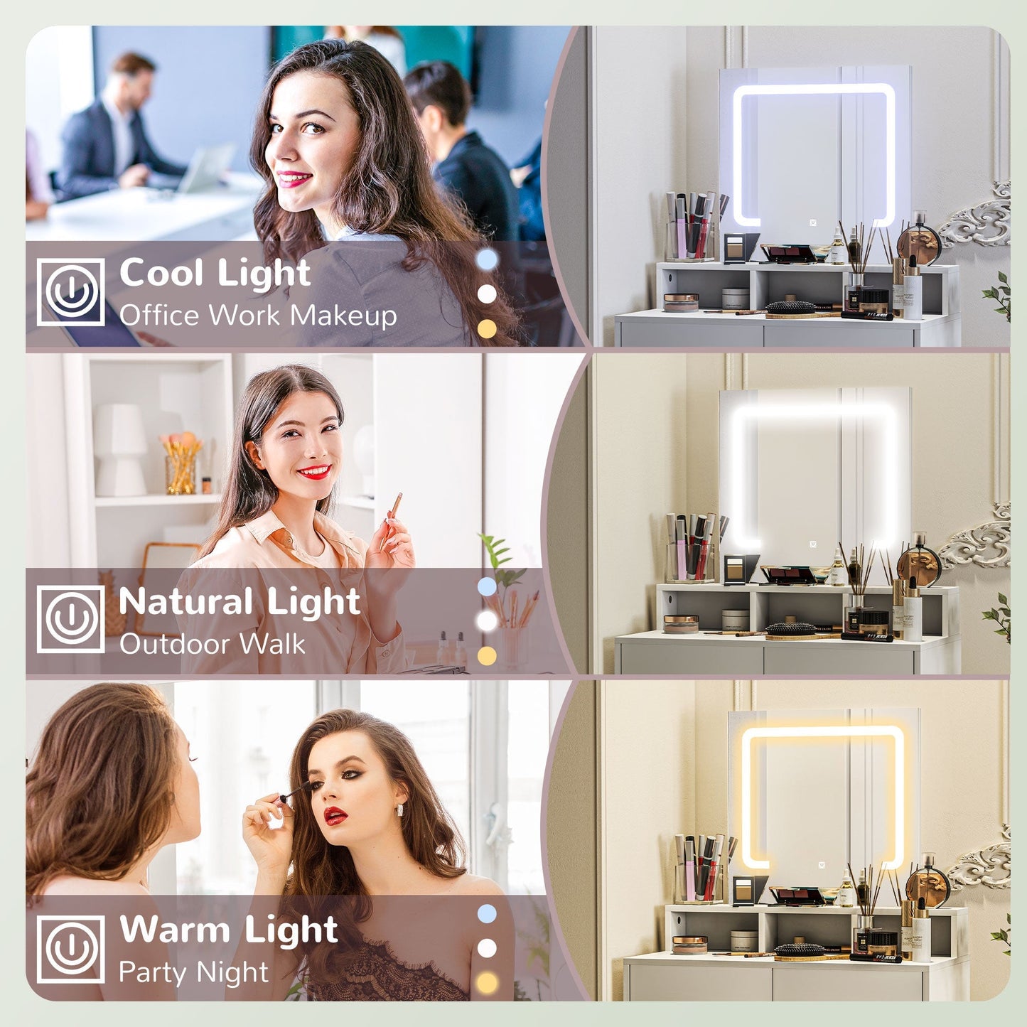 طاولة تزيين تخزين من هوم كوم، مع مرآة بإضاءة LED - أبيض