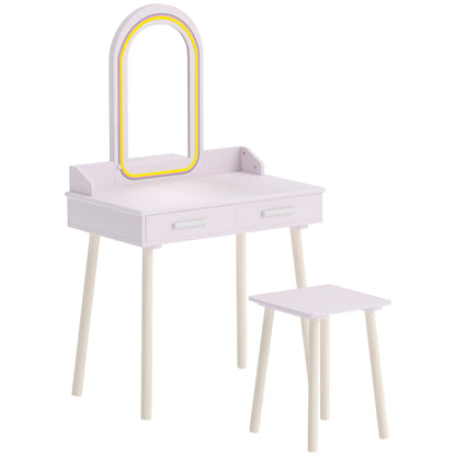 AIYAPLAY Kids Dressing Table, Girls Vanity Set with Stool, 3-Colour LED Lights Mirror, Large Drawer for Ages 3-8, Pink