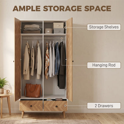 HOMCOM Cabinet Wood-Effect Sticker Surface, Modern Wardrobe with 2 Hanging Rods, 2 Storage Shelves and 2 Drawers, White
