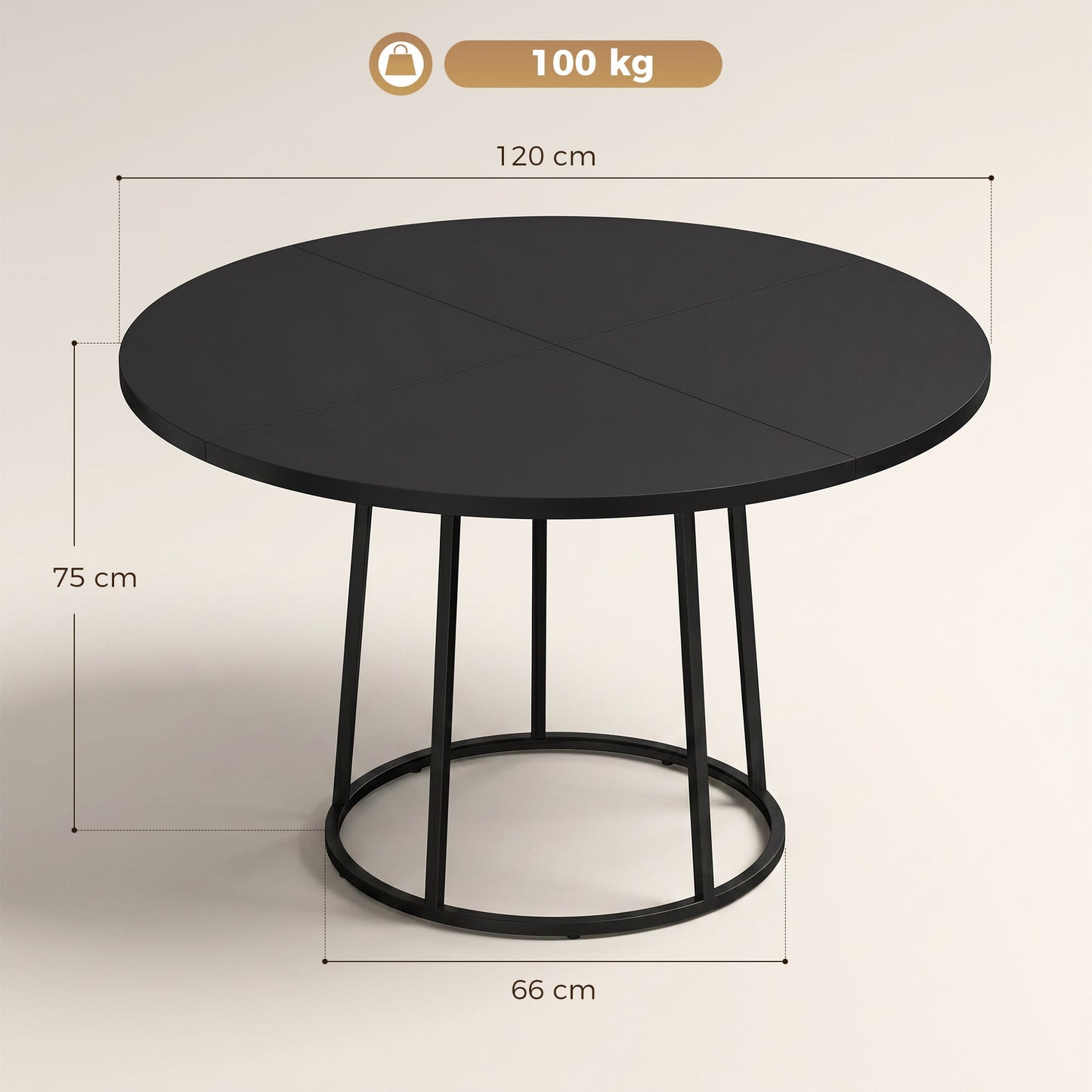 HOMCOM Dining Table Space Saving Kitchen Table Spliced Tabletop Conical Metal Base 120 cm Round Black