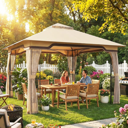 مظلة حديقة خارجية Outsunny 3.3 × 3.3 متر مع أرفف أعمدة، جناح فناء دائم UPF50+ بخطاف، كاكي