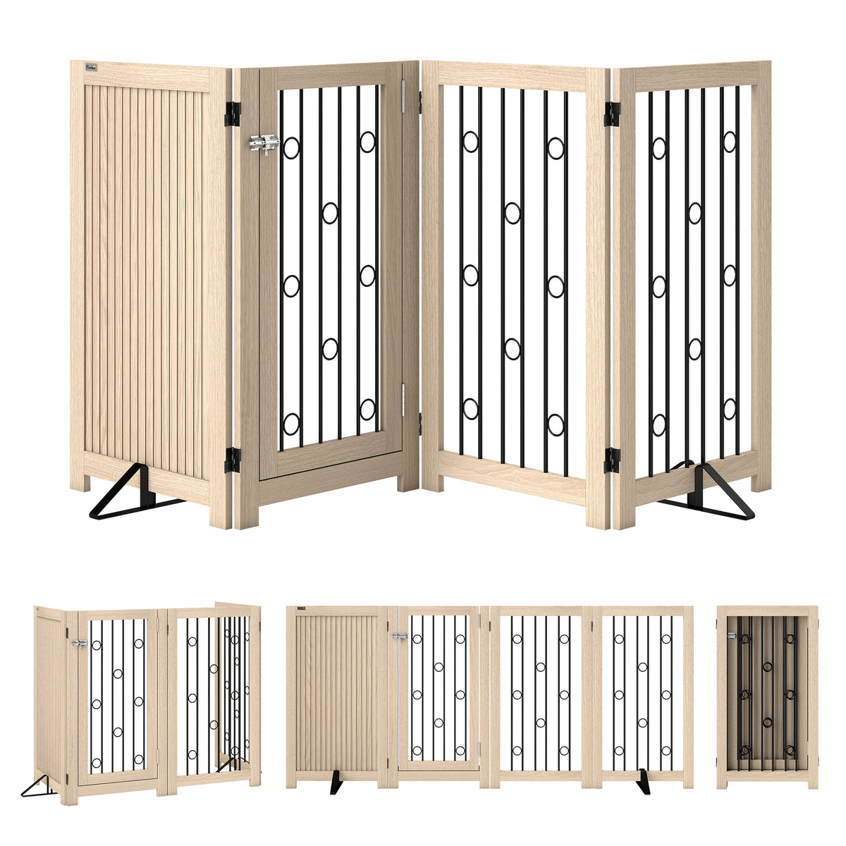 PawHut 4 Panel Freestanding Pet Gate in Oak