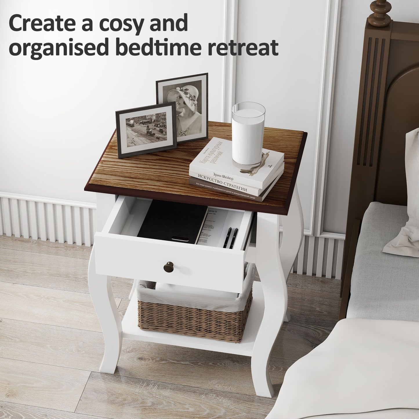 طاولات سرير جانبية من هومكوم قطعتين مع درج، خزائن سرير جانبية بتصميم فرنسي مع رف مفتوح لغرفة النوم وغرفة المعيشة، أبيض