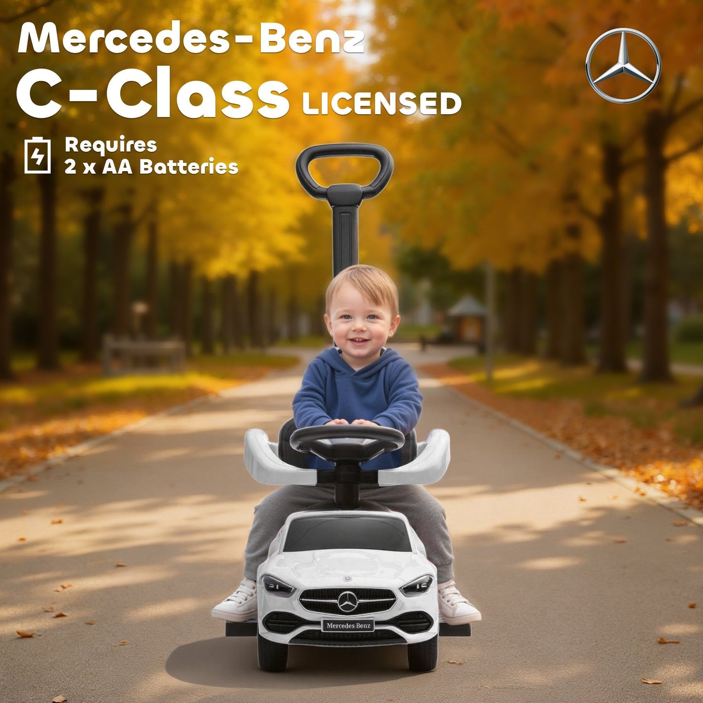 AIYAPLAY 2 in 1 Baby Ride on Push Car Mercedes-Benz C-Class Licensed Walker Foot to Floor Push-Along with Removable Handle, White